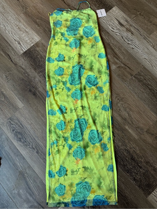 superdown Dresses & Skirts - superdown Neon Lime Maxi Dress with Teal Rose Print